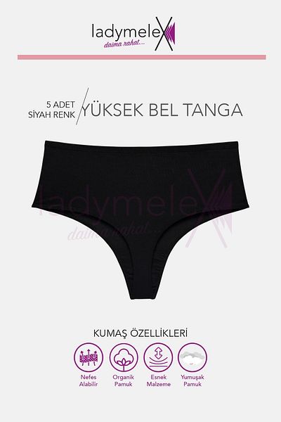 LadyMelex Tanga de damă cu talie înaltă - bumbac, negru, (M-L-XL) 5 bucăți