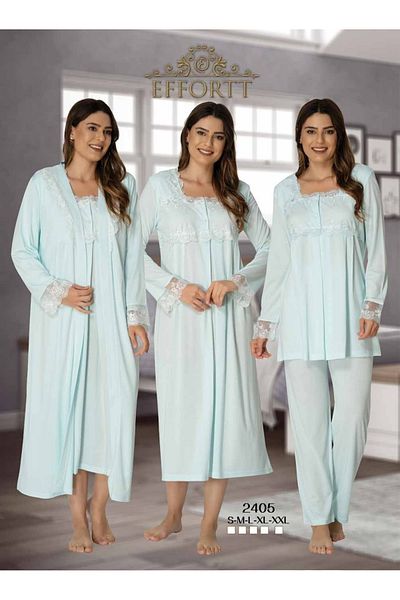 Effortt Maternity Pregnant Lace Detailed Dressing Gown Primum 4-Piece Night Pajamas Set
