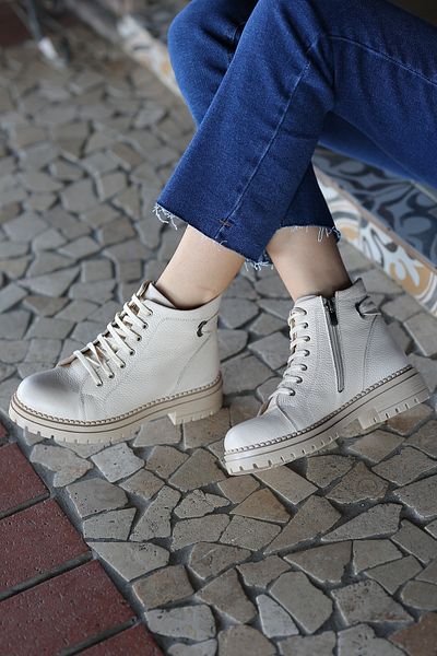 EREN SHOES BAG (Astara) Genuine Leather Adjustable Lace Detailed Zippered Inside Orthopedic Ankle Boots