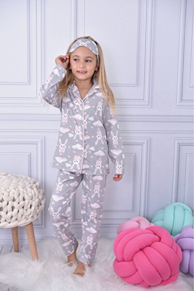 YARENKİDS Girl's Cloudy Rabbit Patterned Gray Long Sleeve Pajama Set