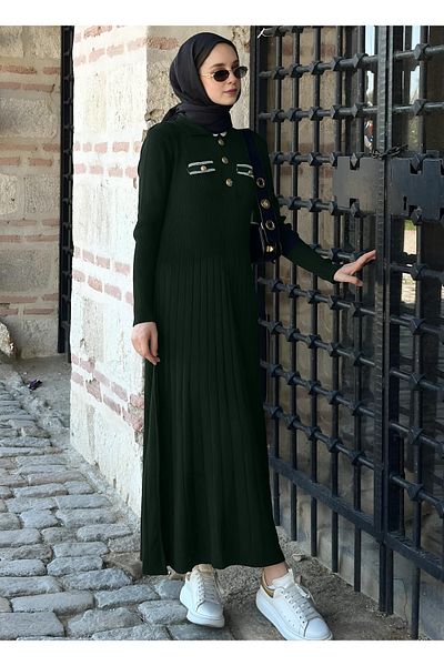 MAXXANA Rochie Hijab tricotată cu nervuri cu sclipici pentru gât polo