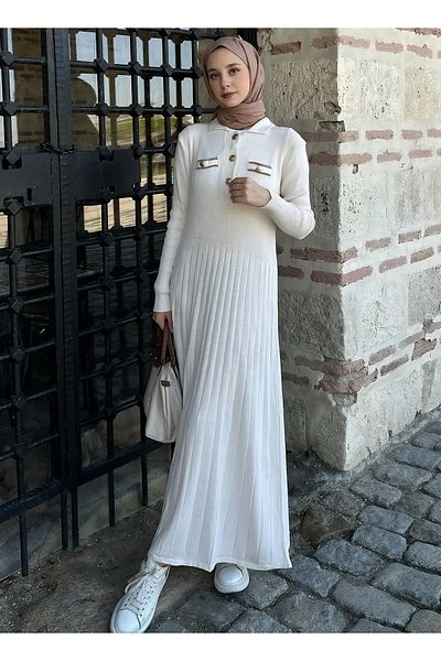 MAXXANA Polo Neck Glitter Detailed Ribbed Knitwear Hijab Dress