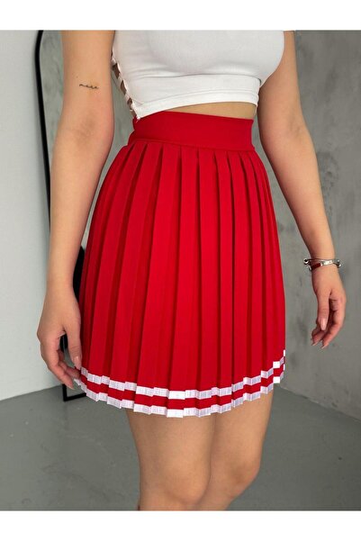 SUSEEMODA Pileli ve Şeritli Şort Etek Kırmızı