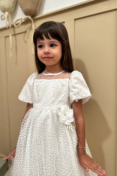 penu baby kids Rochie pentru fetiță, cu mânecă cu balon, cu buline, cu flori ecru