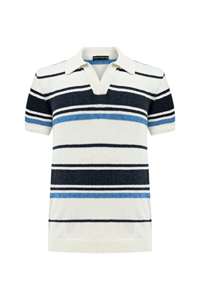 Mudo Men's Ecru Striped Polo Collar Knitwear T-Shirt