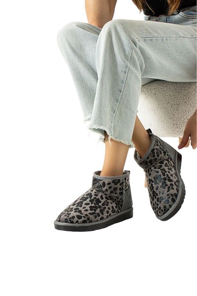 Victoria Shoes Μίνι μποτάκια με γκρι σουέντ με σχέδιο λεοπάρ - Νέο μοντέλο με μισό γούνινο, ποιότητας