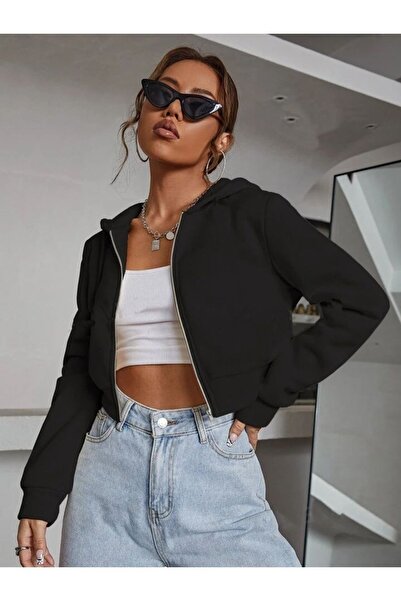 MARECASH Kadın Crop Hırka Şardonlu Sweatshirt Fermuarlı Kapüşonlu