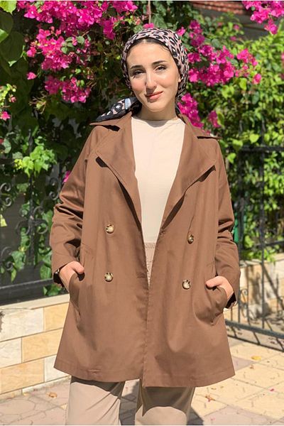Moda Rosa 25K5010 - Brown - Basic Buttoned Trench Coat