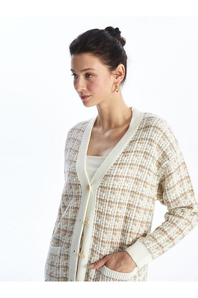 LC Waikiki Lcwaikiki Basic Jacquard V-Neck Plaid Long Sleeve Women's Knitwear Cardigan