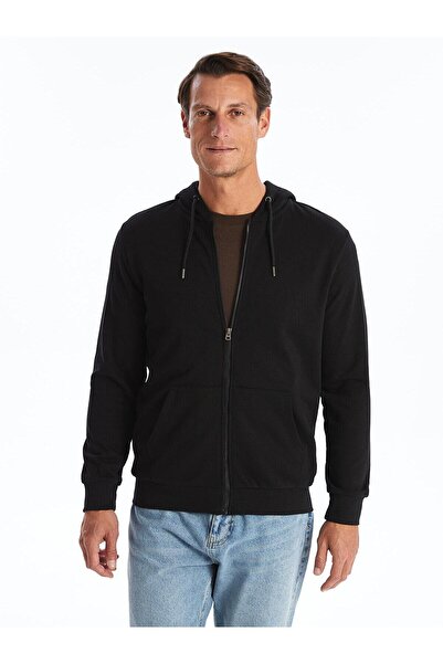 LC Waikiki LCWAIKIKI Classic Siyah Kapüşonlu Uzun Kollu Erkek Kalın Fermuarlı Sweatshirt