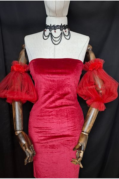 es moda shop Red Flower Patterned Comple Evening Dress - Tulle Sleeve