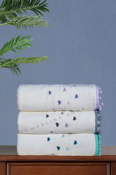 Meslina Home 50x90 cm Κεντημένη πετσέτα χεριών 3 τεμαχίων - Πετσέτα προσώπου και κεφαλιού Pompom