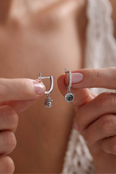 Nereze 925 Ayar Gümüş Rodyum Kaplama Sallantılı U Model Yuvarlak Mistik Topaz Taşlı Küpe