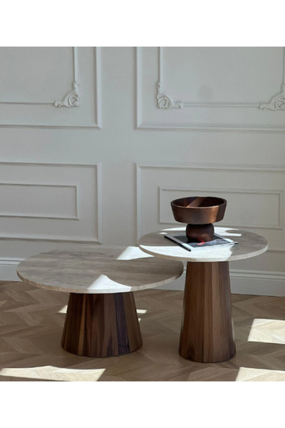 MIARIK DESIGN Traverten Mermer Ahsap Lavin Yan Sehpa , Masa , Orta Sehpa , Zigon