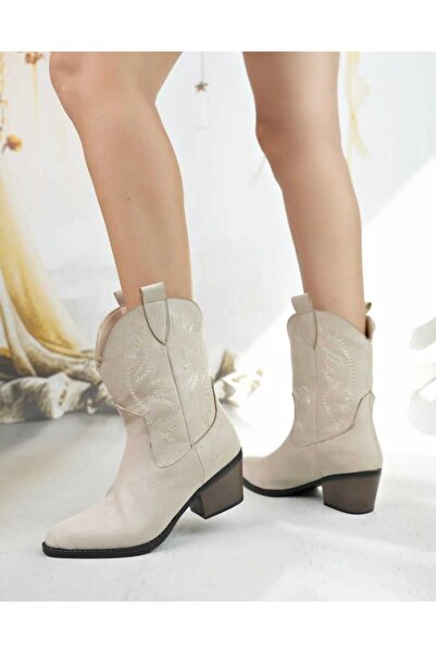 She WOMEN'S TEN BEIGE SUEDE EMBROIDERED WESTERN SHORT COWBOY BOOTS