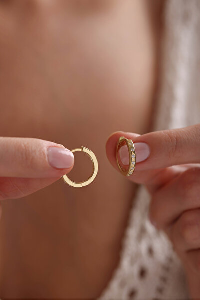 Nereze 925 Ayar Gümüş Gold Kaplama Zirkon Taşlı 15 Mm Halka Küpe