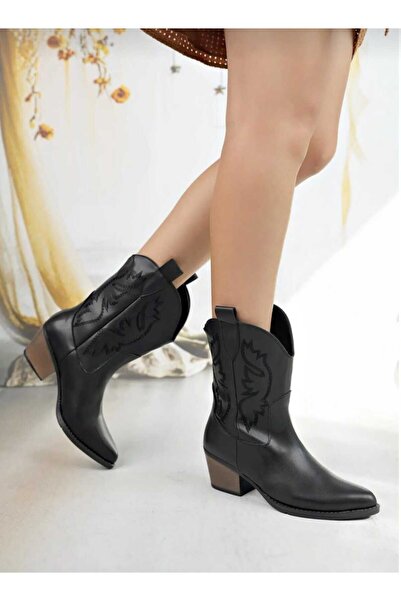 She WOMEN'S BLACK VEGAN LEATHER EMBROIDERED WESTERN SHORT COWBOY BOOTS