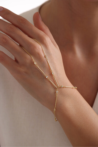 Nereze 925 Ayar Gümüş Gold Kaplama Zirkon Taşlı Çubuk Model Şahmeran Bileklik