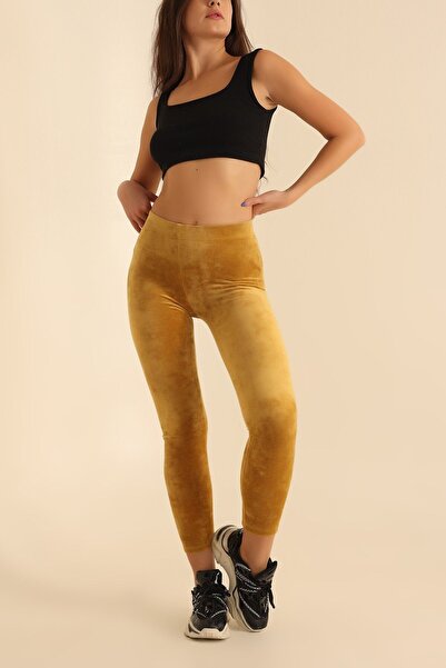 KAŞİHA Hardal Beli Lastikli Full Esnek Kadife Tayt 90 Cm