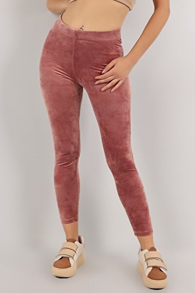 KAŞİHA Gül Kurusu Beli Lastikli Full Esnek Kadife Tayt 90 Cm