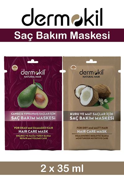 Dermokil Hair Care Mask Kit - for Avocado and Coconut, Vitamin E 2X35 ml Nourishing and Moisturizing