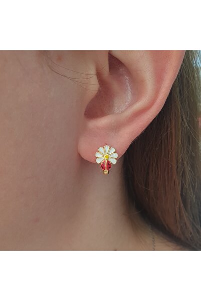 MAGRİB 925 ayar gümüş klipsli mineli papatyalı ve kırmızı uğur böcekli gümüş çocuk küpesi