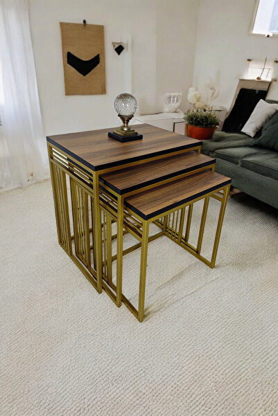 Mobievim Milano  Gold Metal Ayaklı Ceviz Üst Tablalı Zigon Sehpa