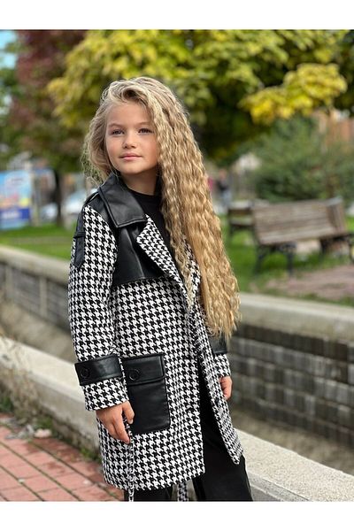 İndirimkusu Girl's Patterned Leather Detailed Lined Jacket Cap and Leather Pants Combin