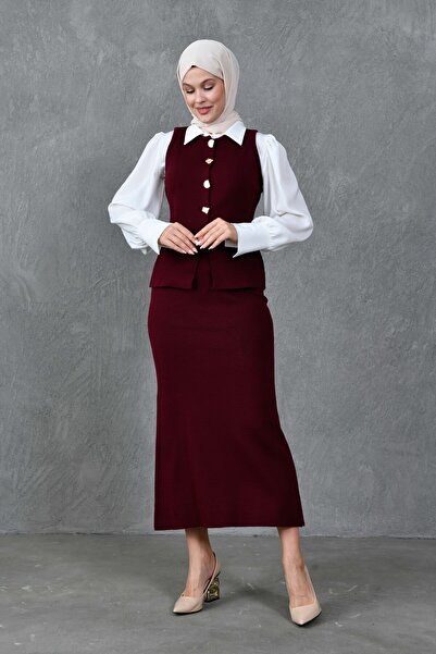 WOMAN VISION Modest Buttoned Sleeveless Vest and High Waist Midi Skirt Bottom Top Claret Red Knitwear Set 5155