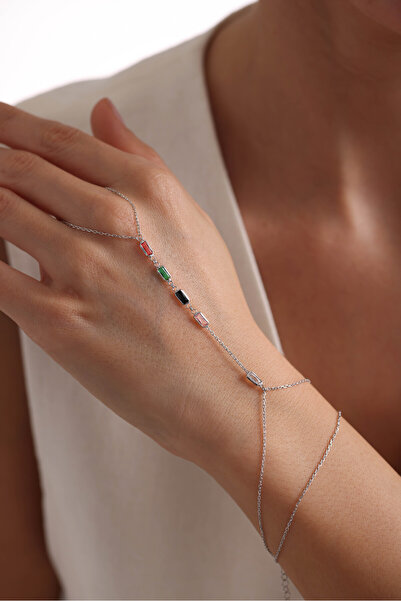 Nereze 925 Ayar Gümüş Rodyum Kaplama Renkli Baget Taşlı Model Şahmeran Bileklik