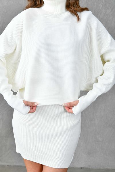 4S1B FASHION Turtleneck Knitwear Sweater and High Waist Skirt - Hand and Sleeve Design, Ecru 075