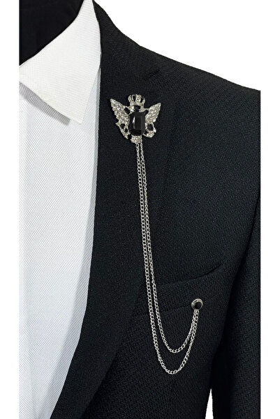 BLC Basic Line Co. Premium Serisi Gümüş Renginde Siyah Taşlı Ceket Yaka İğnes...