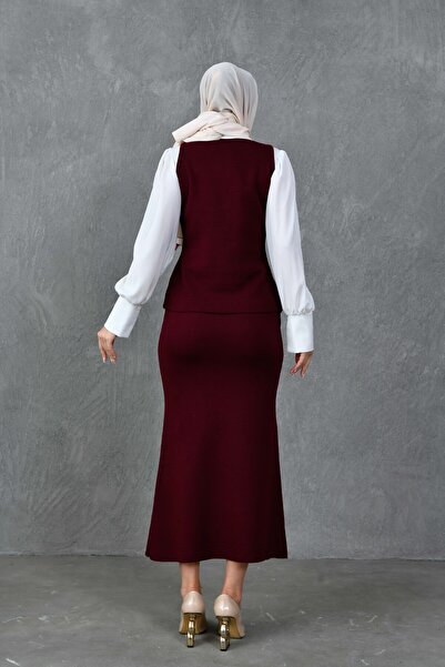 WOMAN VISION Modest Buttoned Sleeveless Vest and High Waist Midi Skirt Bottom Top Claret Red Knitwear Set 5155