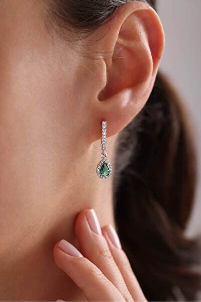 Nereze 925 Ayar Gümüş Rodyum Kaplama Sallantılı U Model Yeşil Damla Taşlı Küpe