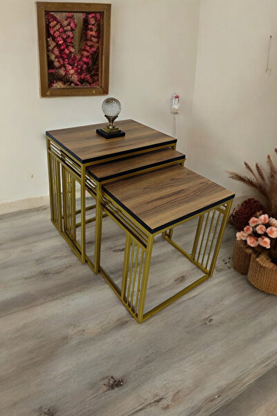 Mobievim Milano  Gold Metal Ayaklı Ceviz Üst Tablalı Zigon Sehpa