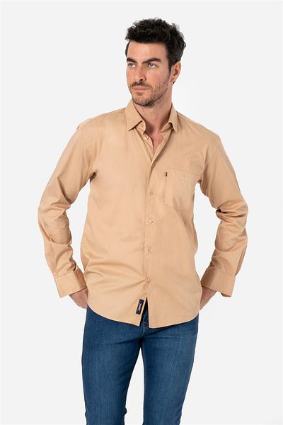 Brothers Ανδρικό Comfort Fit Basic - Μακρύ μανίκι, μονή τσέπη, πουκάμισο Gabarding που πλένεται, Kansas LS, Μπεζ B01.242.42