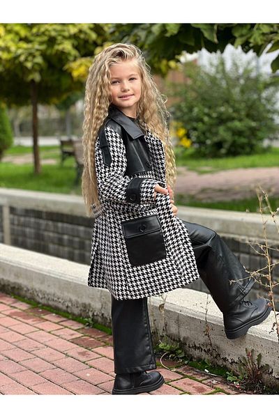 İndirimkusu Girl's Patterned Leather Detailed Lined Jacket Cap and Leather Pants Combin