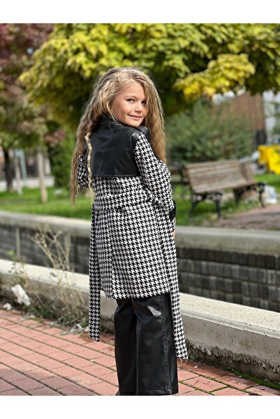 İndirimkusu Girl's Patterned Leather Detailed Lined Jacket Cap and Leather Pants Combin