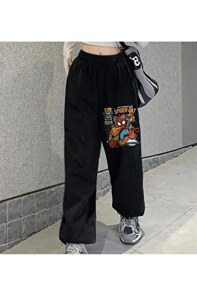 Le Savu بنطال رياضي أسود كبير الحجم مطبوع عليه نيرفانا سمايل للجنسين