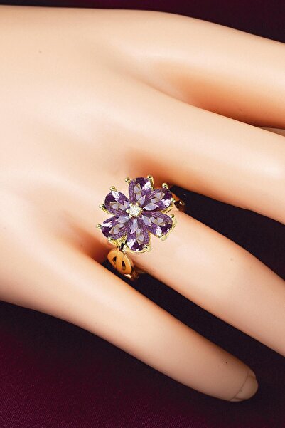 Bilezikci Mor Taşlı Çiçek Altın Yüzük