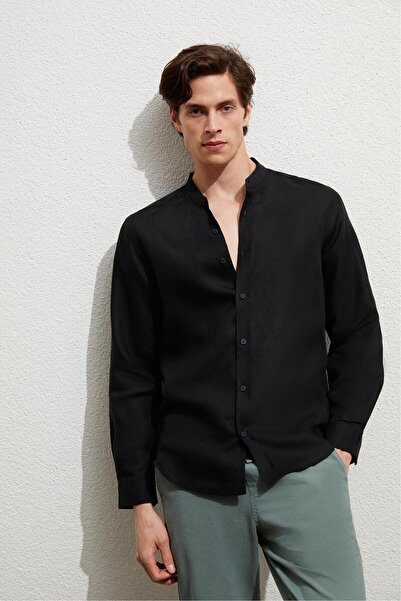 Mudo Hakim Yaka Regular Fıt Keten Gömlek