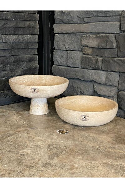 Polen Stone Traverten Doğal Taş Kase Ayaklı Ayaksız 2’li Takım 25x14-25x7cm