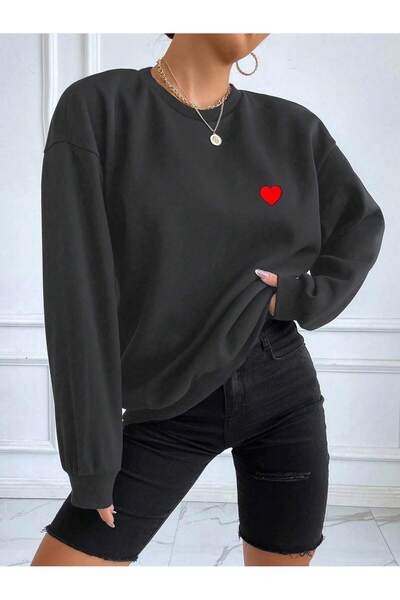 Mythologie Minimal Heart Sweatshirt - Smoke Printed Oversize Hooded Crew Neck