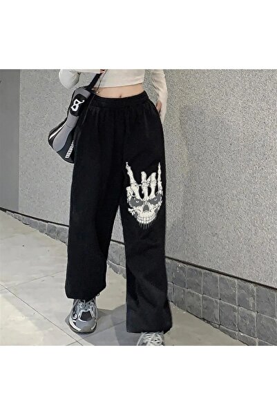 Le Savu Gothic Skull Hand Printed Oversize Unisex Black Sweatpants