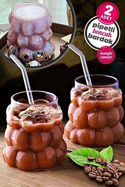 Mallame 350 ml Shaped Glass Cup with Beads and Straw Grape Grain - Soft Drink Water and Coffee Presentation Cup Set