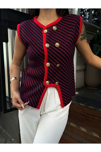 buqre's moda Striped Design Buttoned Knitwear Vest