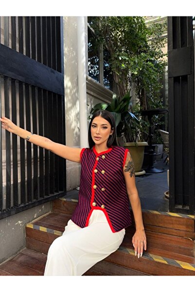 buqre's moda Striped Design Buttoned Knitwear Vest