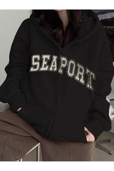 modaberry سترة سيبورت - سترة شتوية سوداء مطبوعة كبيرة الحجم مع غطاء للرأس وتف...