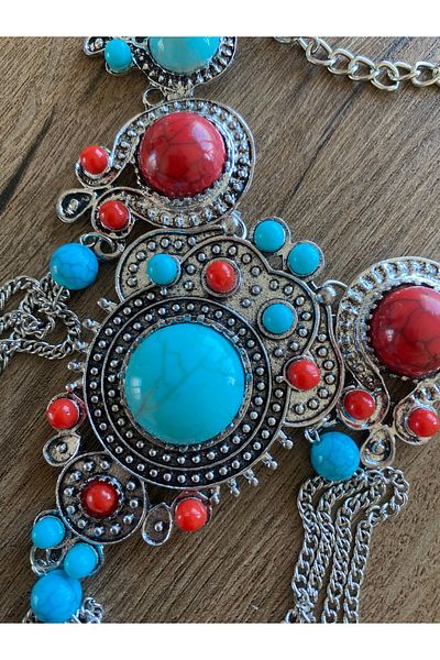 Store Cleopatra Turquoise Red Stone Embroidered Retro Style Necklace Earring Set