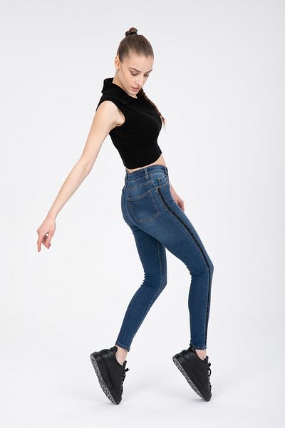 SHEVEGA Blugi skinny din lycra albastru cu picior subțire și pietre laterale